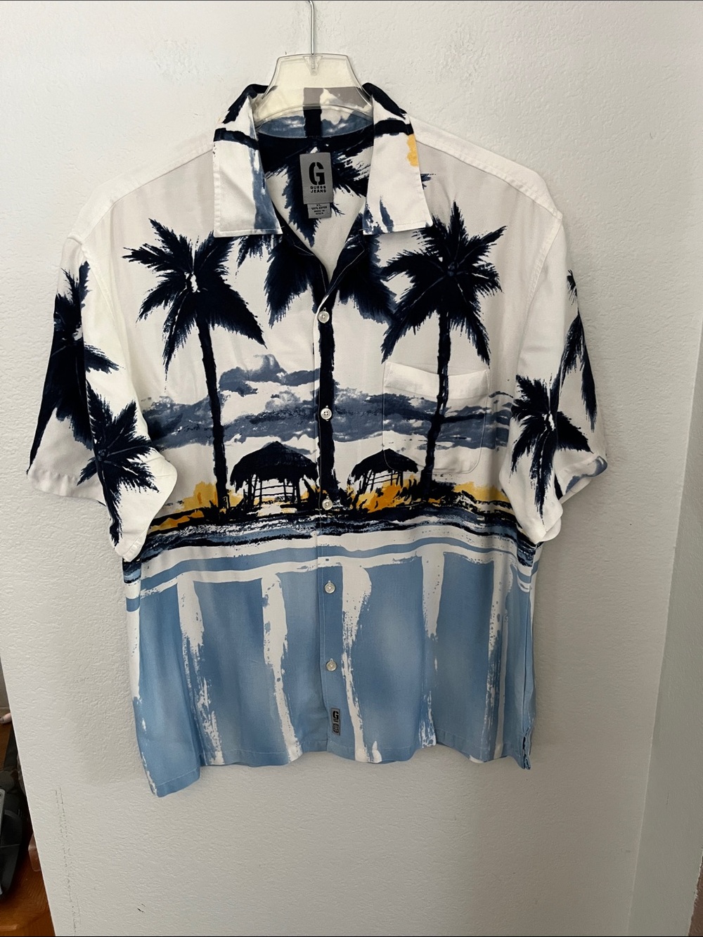 Guess Men's White, Blue & Yellow Tropical Palm Button-Down Shirt